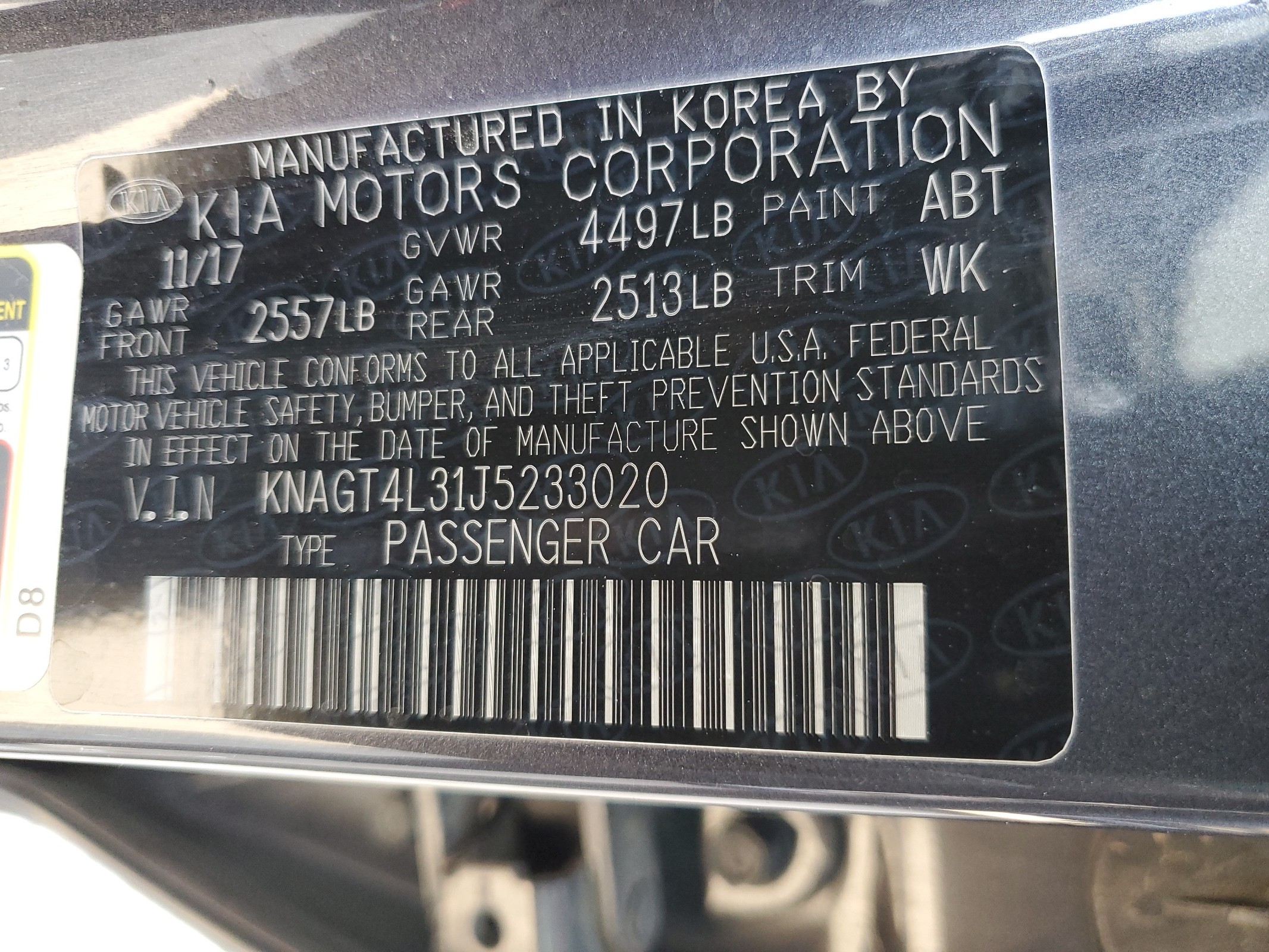 KNAGT4L31J5233020 2018 Kia Optima Lx