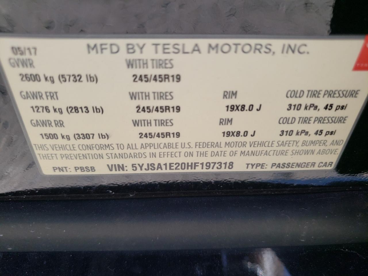 2017 Tesla Model S VIN: 5YJSA1E20HF197318 Lot: 64780344