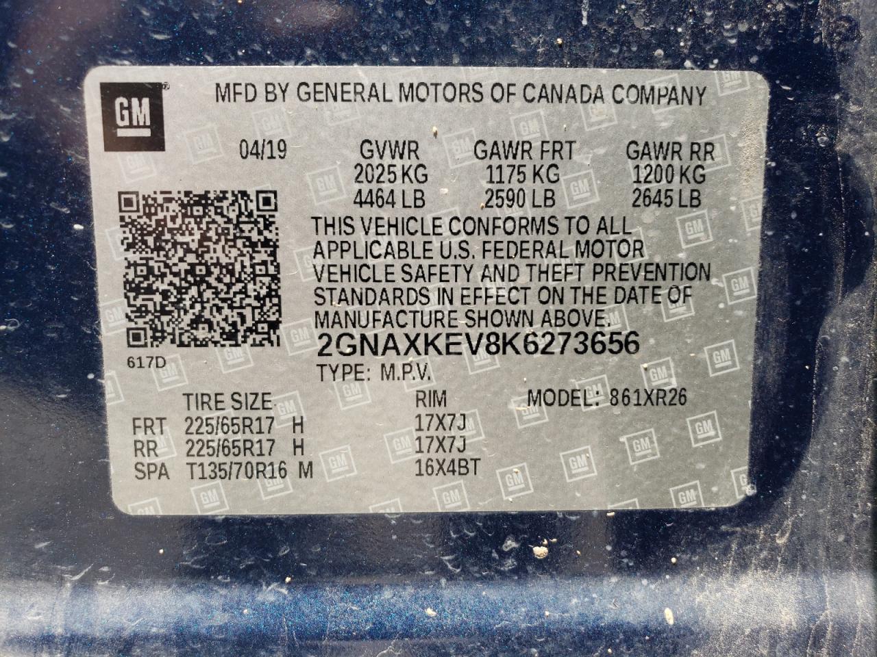 2019 Chevrolet Equinox Lt VIN: 2GNAXKEV8K6273656 Lot: 64555494