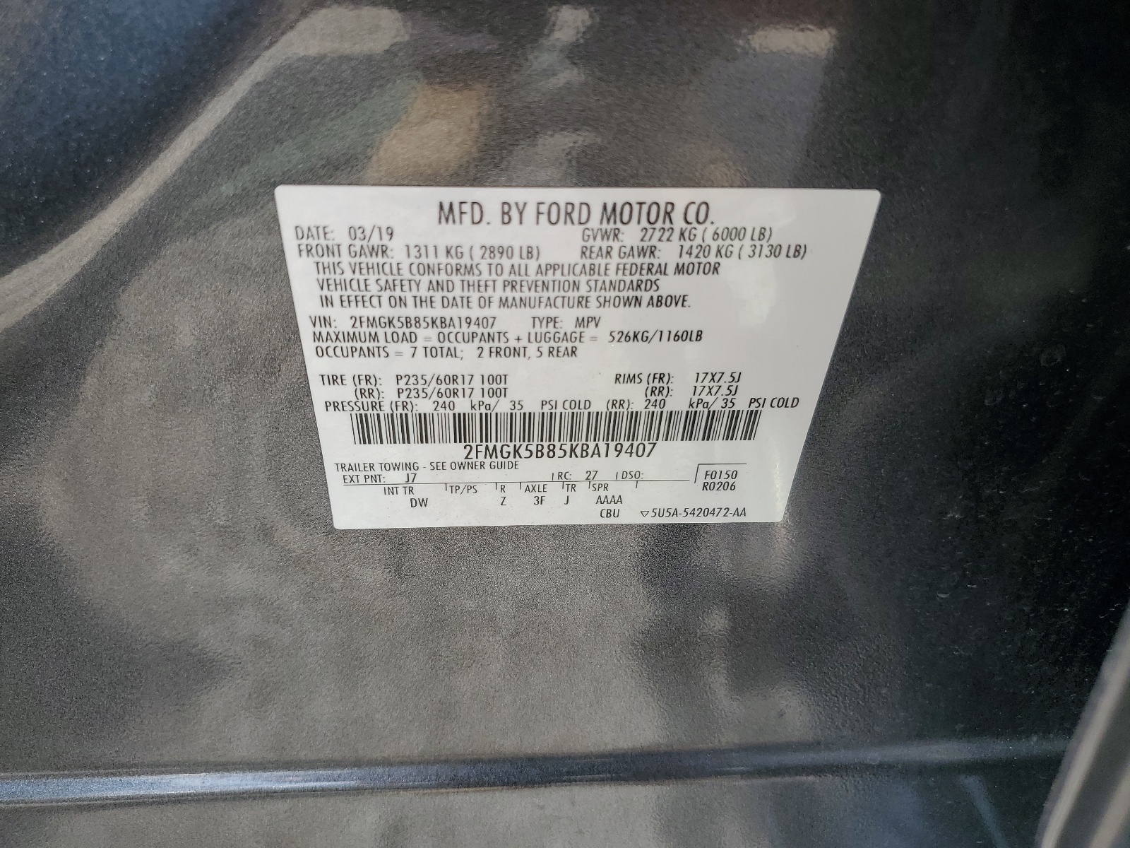 2FMGK5B85KBA19407 2019 Ford Flex Se