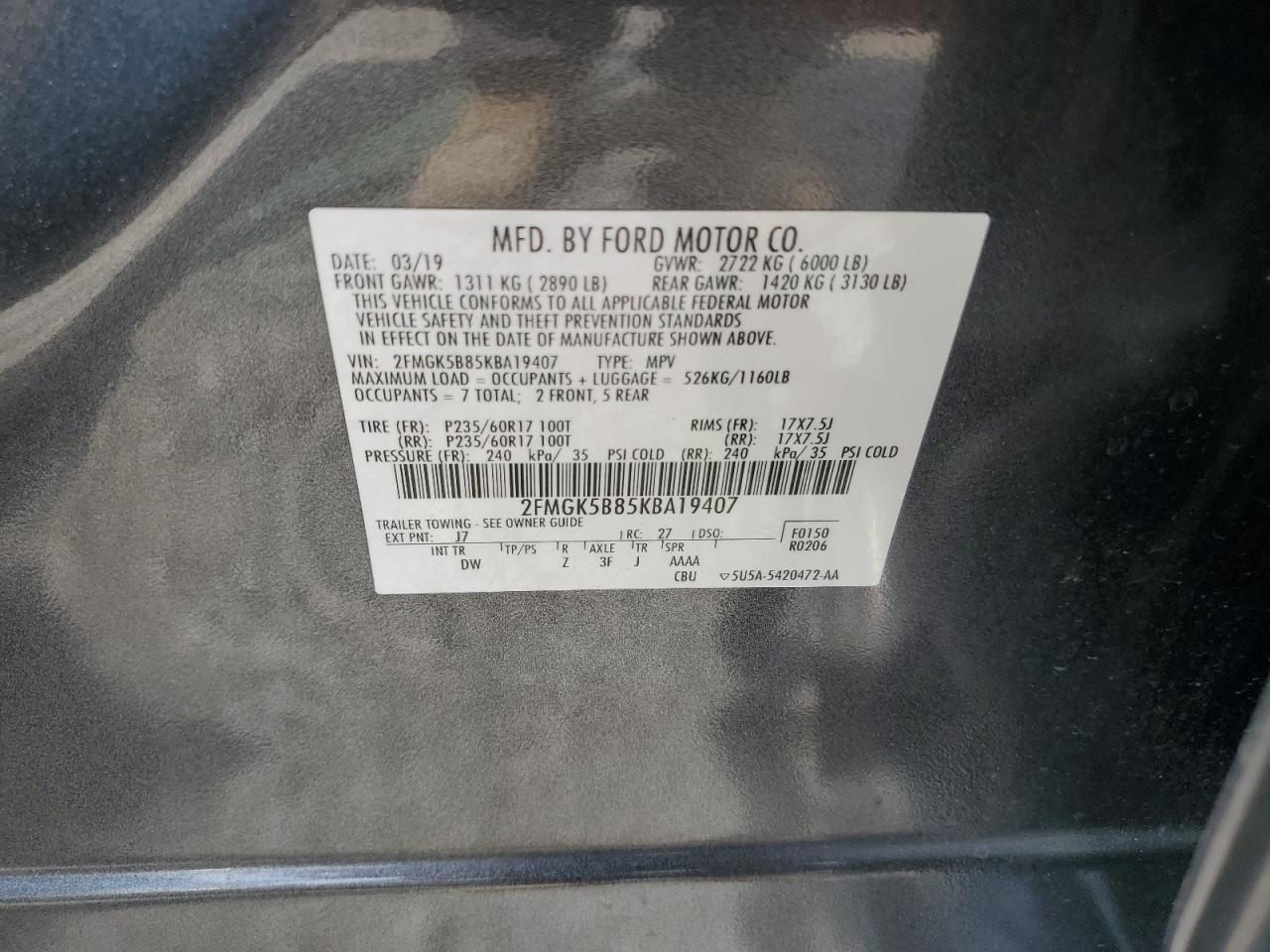 2019 Ford Flex Se VIN: 2FMGK5B85KBA19407 Lot: 63429994