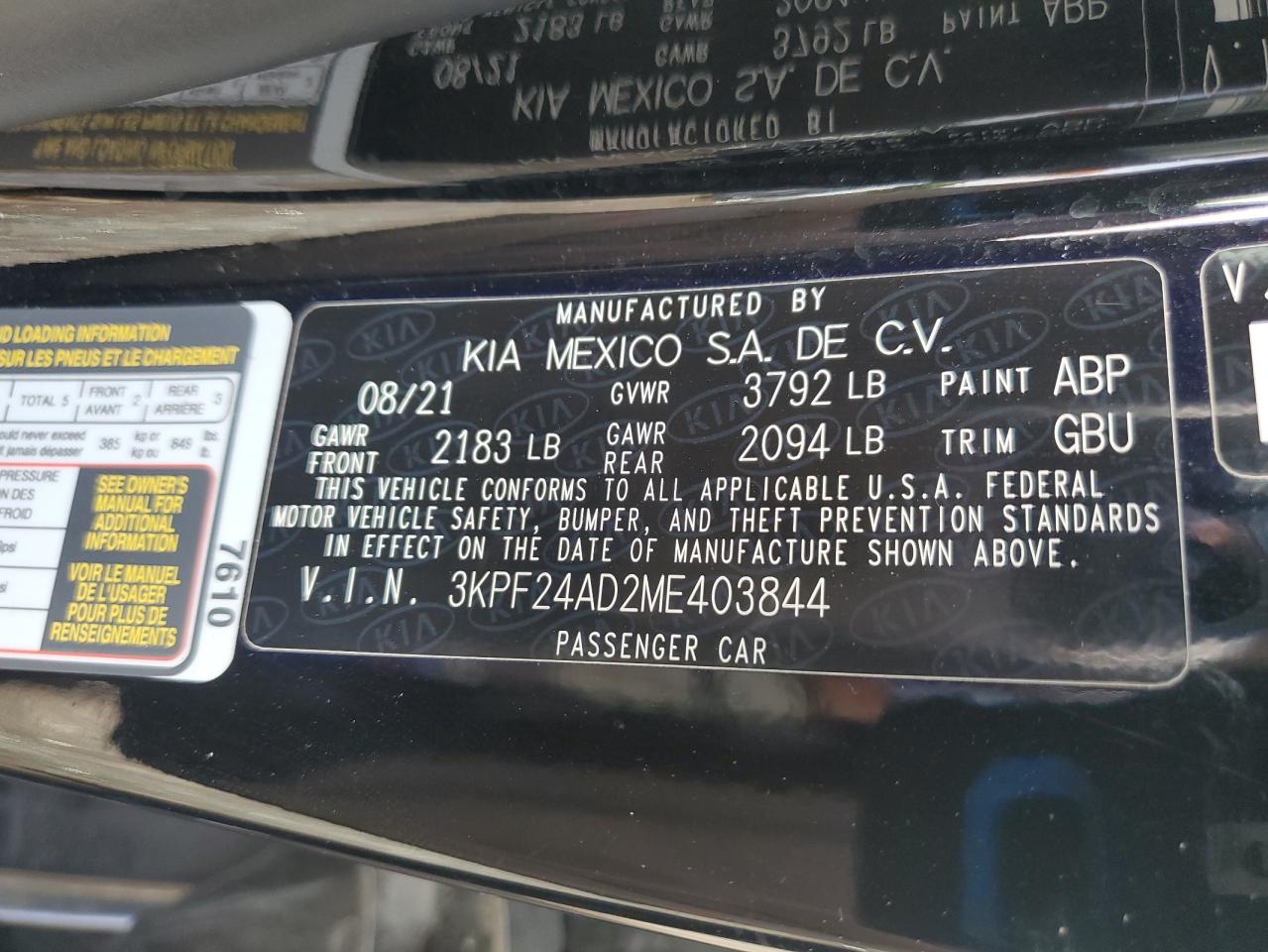 2021 Kia Forte Fe VIN: 3KPF24AD2ME403844 Lot: 61542074