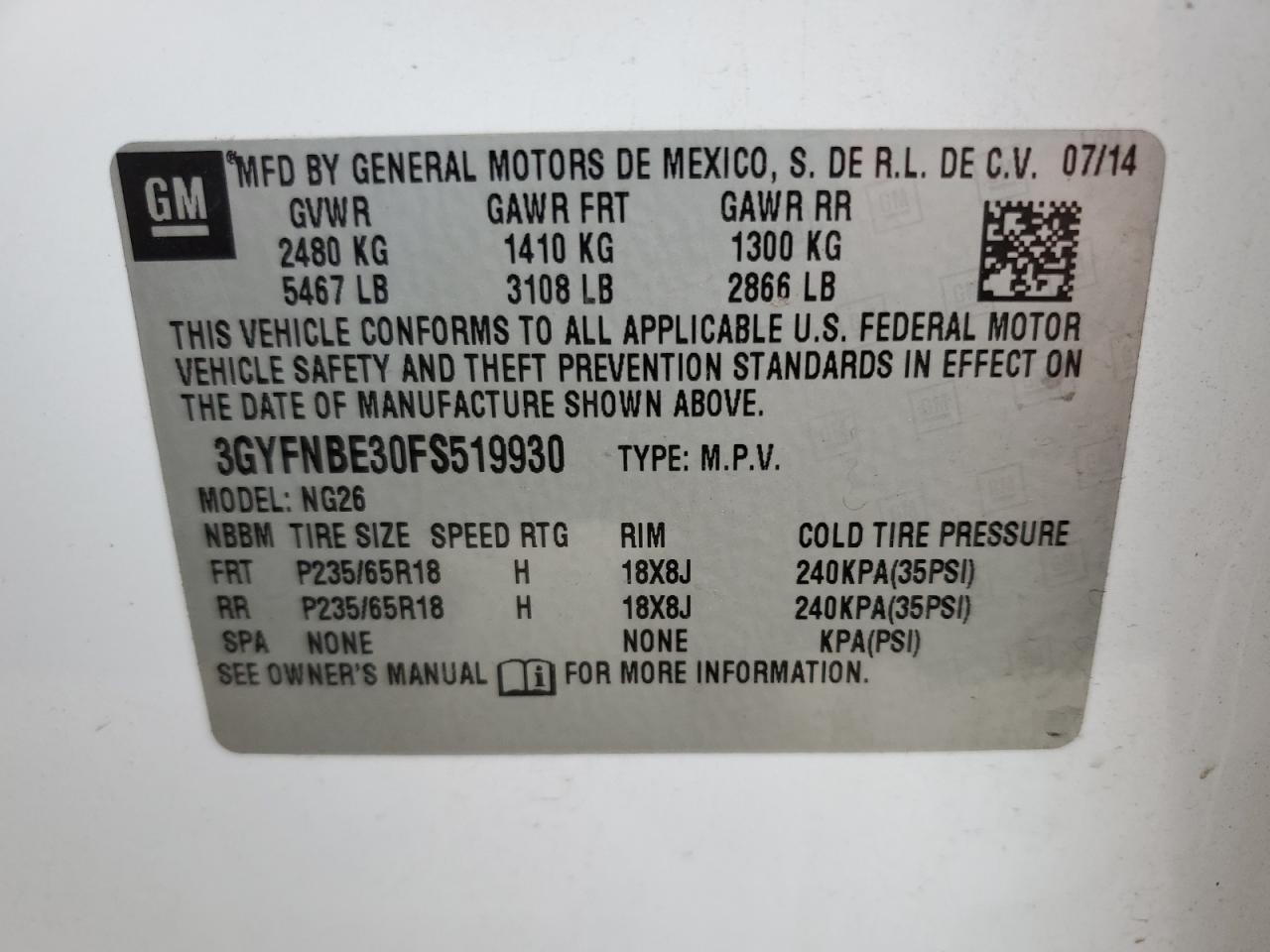 2015 Cadillac Srx Luxury Collection VIN: 3GYFNBE30FS519930 Lot: 64459154