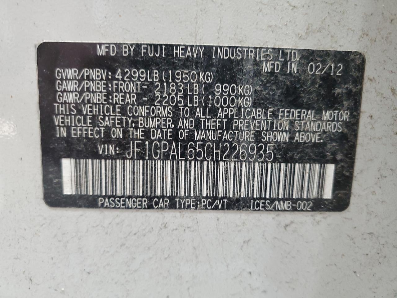 2012 Subaru Impreza Sport Premium VIN: JF1GPAL65CH226935 Lot: 63346384