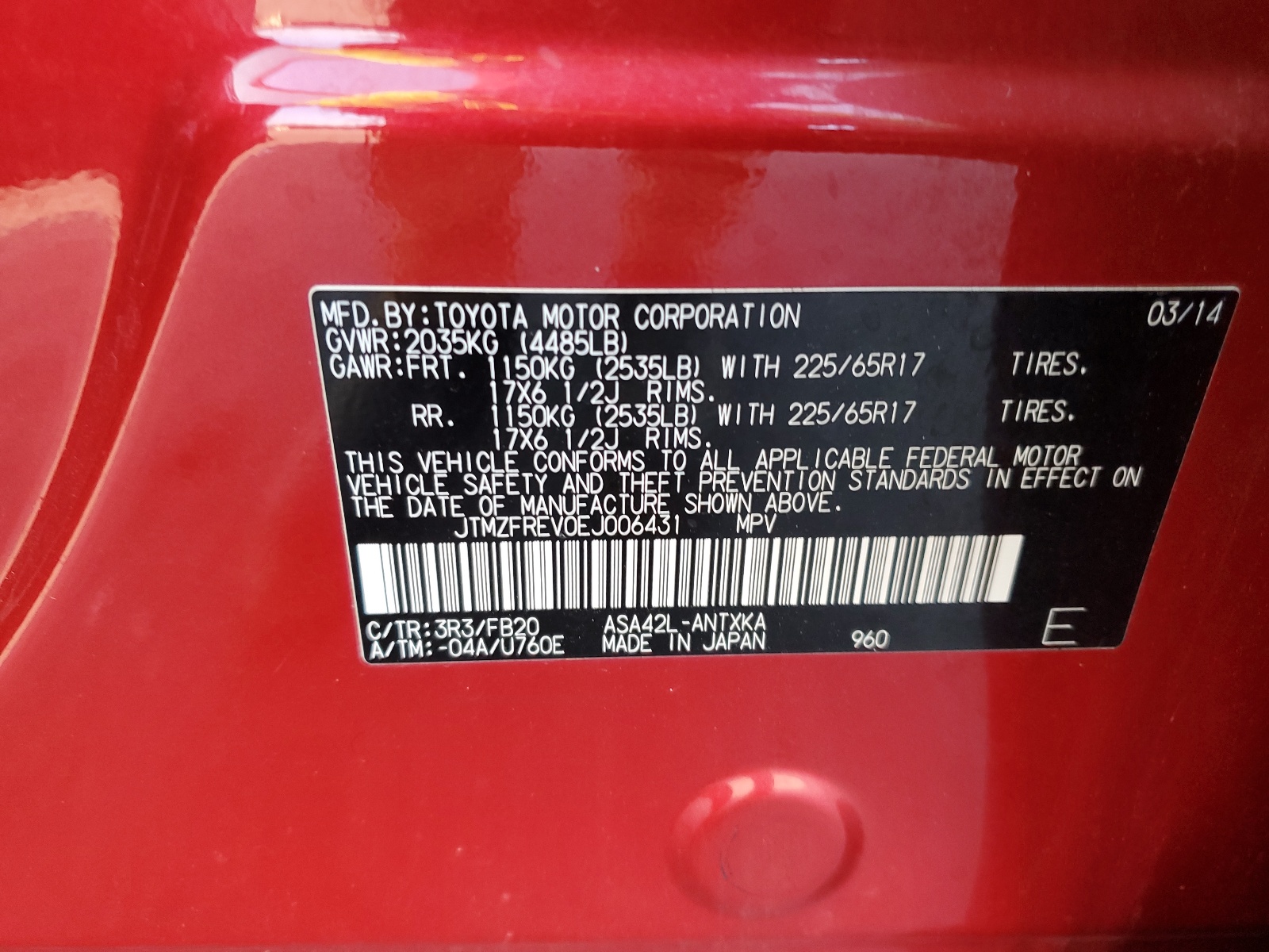 JTMZFREV0EJ006431 2014 Toyota Rav4 Le