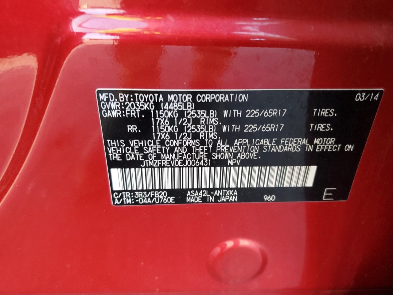 2014 Toyota Rav4 Le VIN: JTMZFREV0EJ006431 Lot: 62210394