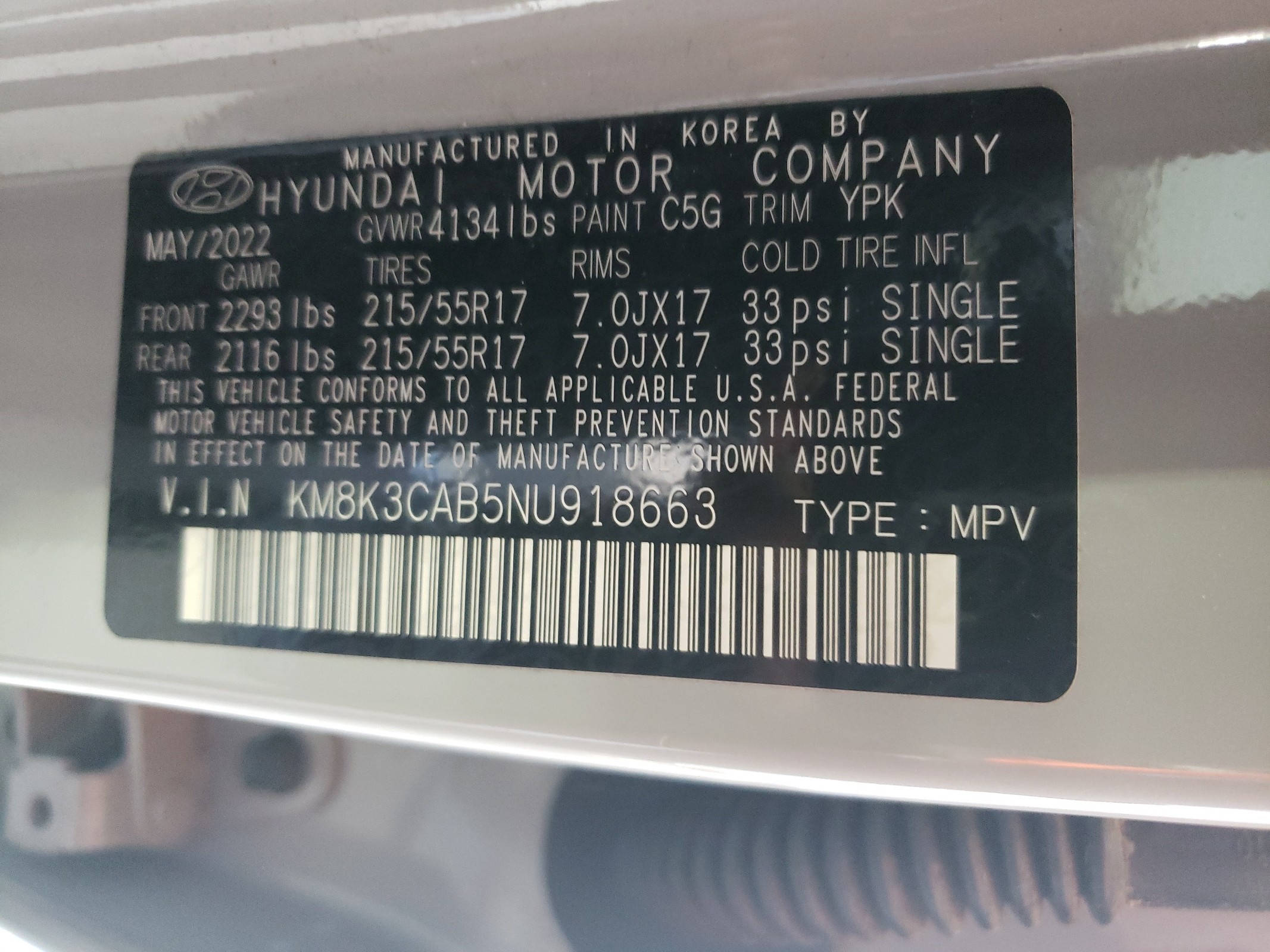 KM8K3CAB5NU918663 2022 Hyundai Kona Sel