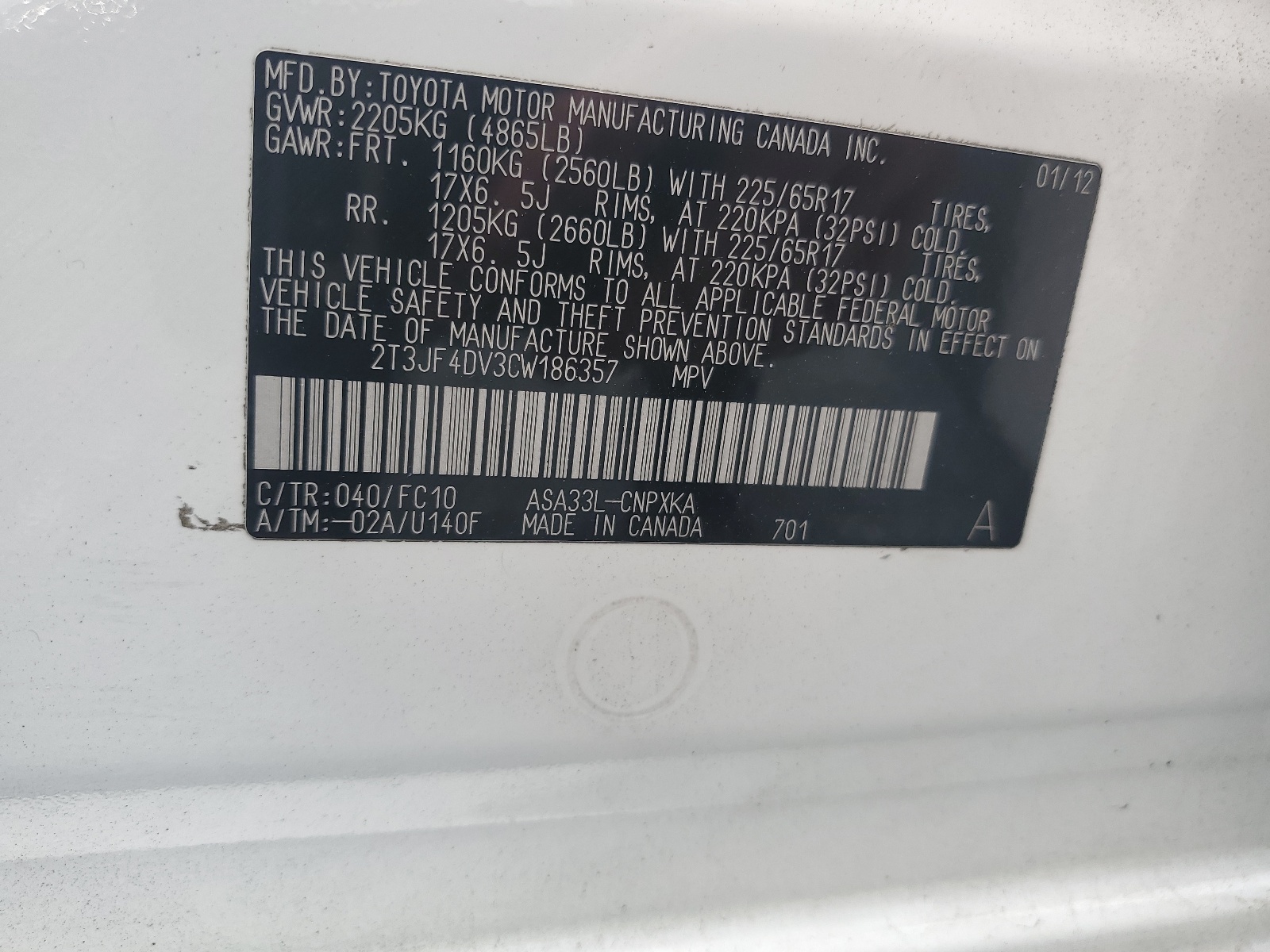 2T3JF4DV3CW186357 2012 Toyota Rav4