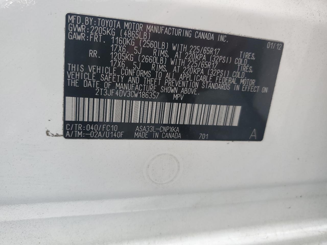 2012 Toyota Rav4 VIN: 2T3JF4DV3CW186357 Lot: 63881784