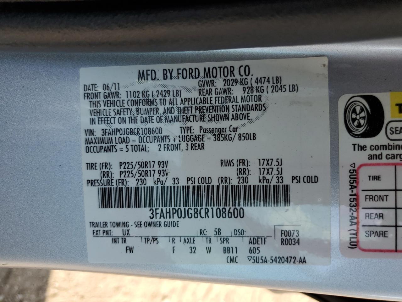 2012 Ford Fusion Sel VIN: 3FAHP0JG8CR108600 Lot: 62825914