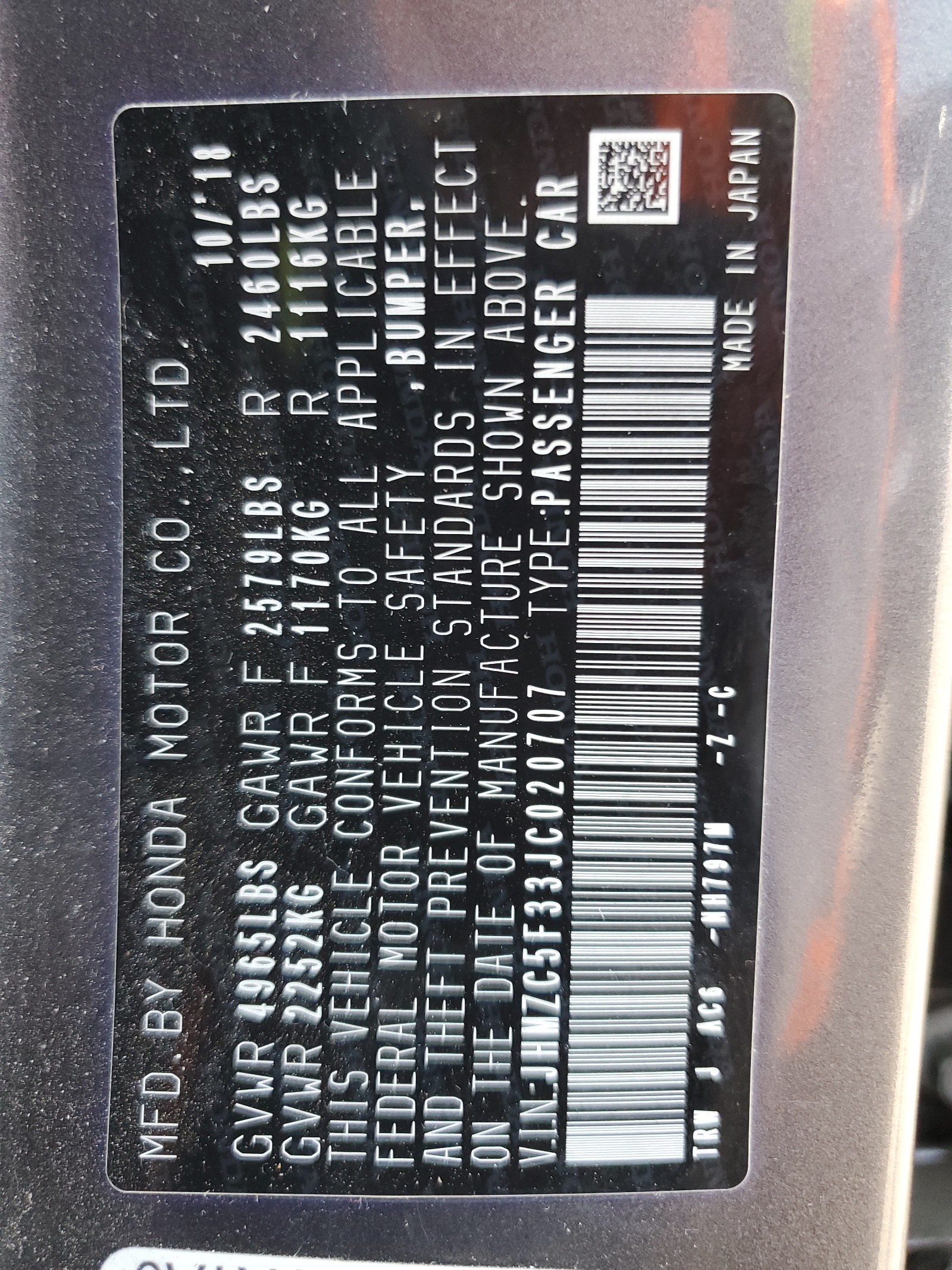 JHMZC5F33JC020707 2018 Honda Clarity Touring