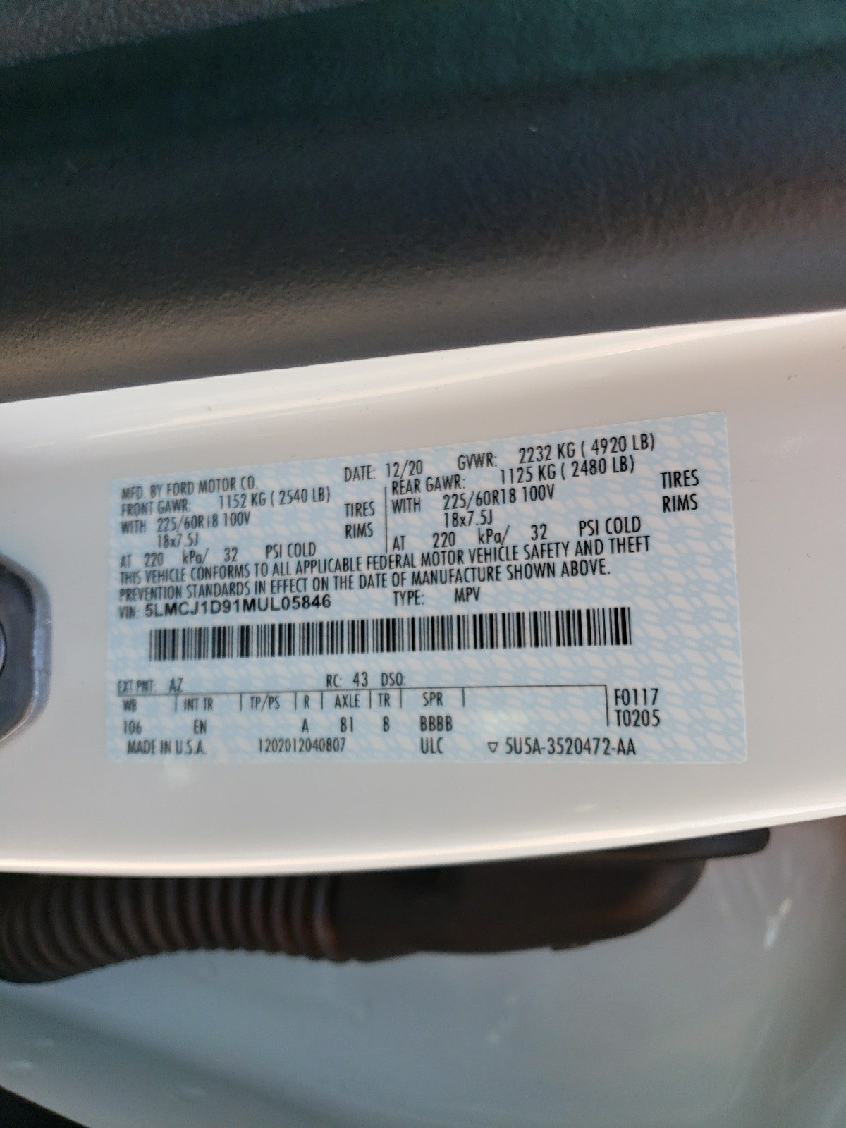 5LMCJ1D91MUL05846 2021 Lincoln Corsair