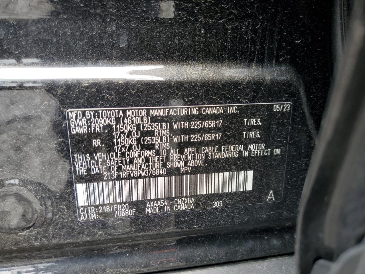 2023 Toyota Rav4 Le VIN: 2T3F1RFV8PW376840 Lot: 63362234