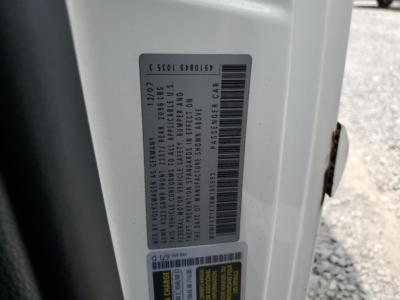 2008 Volkswagen Gti VIN: WVWFV71K78W185693 Lot: 63252834