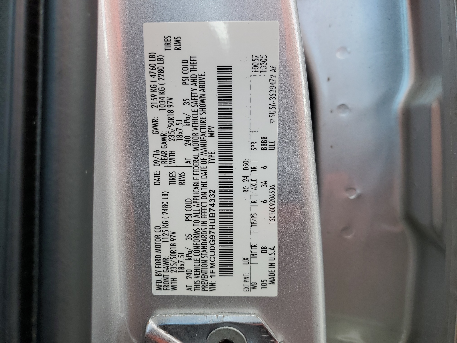 1FMCU0G97HUB74332 2017 Ford Escape Se