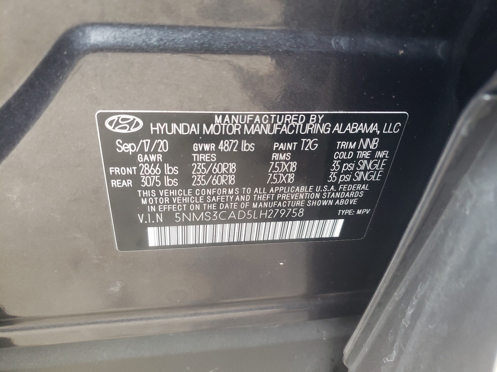 5NMS3CAD5LH279758 2020 Hyundai Santa Fe Sel