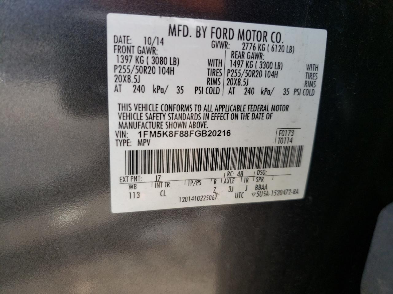 2015 Ford Explorer Limited VIN: 1FM5K8F88FGB20216 Lot: 62153014