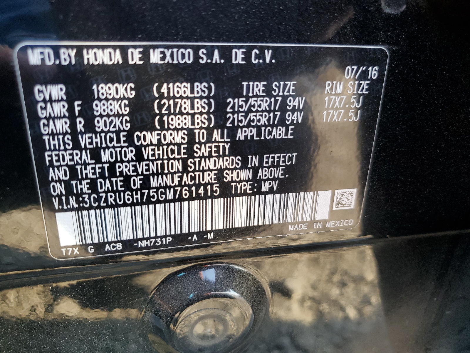 3CZRU6H75GM761415 2016 Honda Hr-V Exl