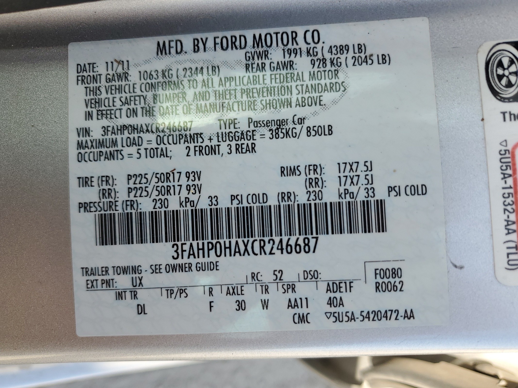 3FAHP0HAXCR246687 2012 Ford Fusion Se