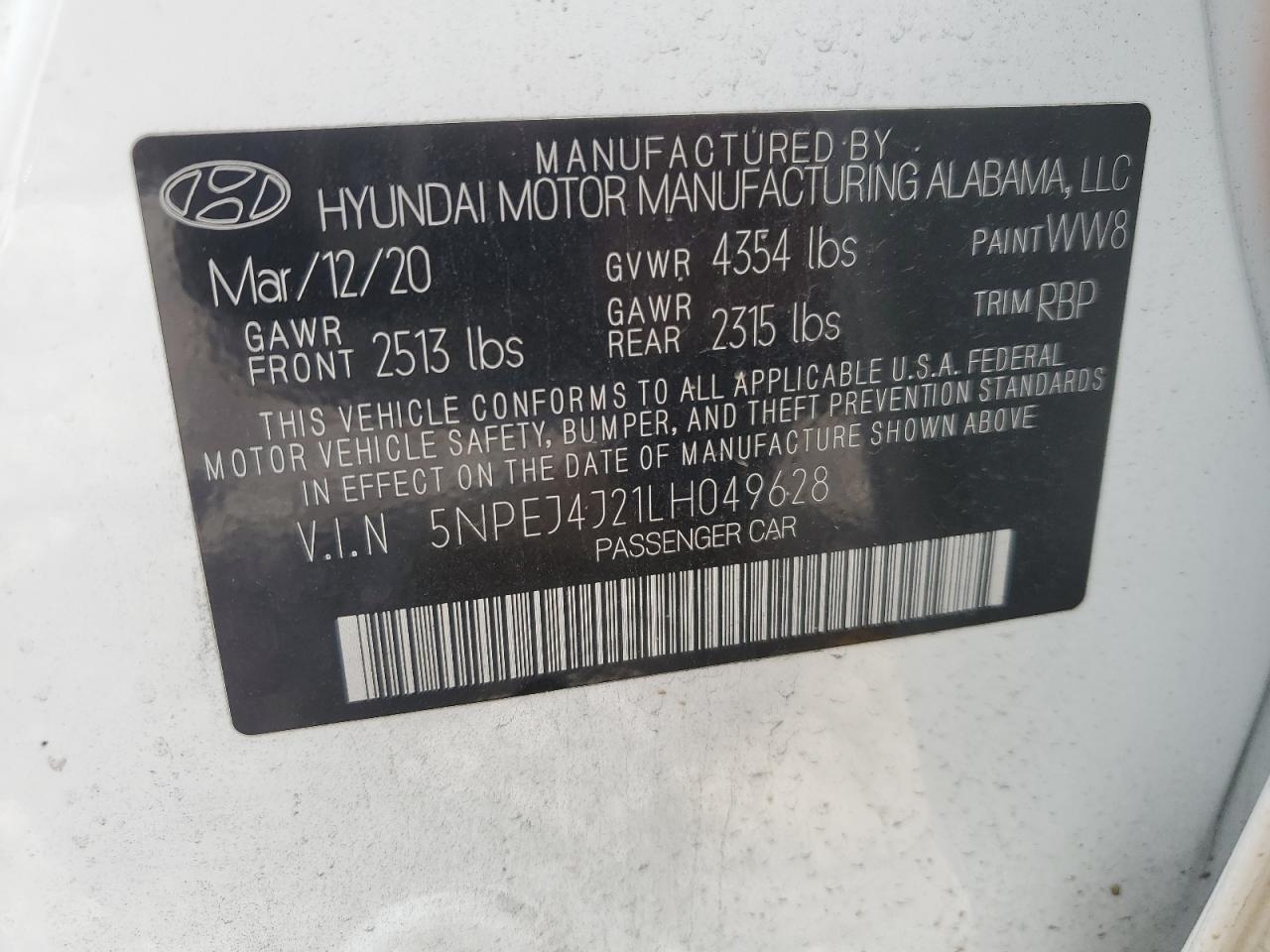 2020 Hyundai Sonata Sel Plus VIN: 5NPEJ4J21LH049628 Lot: 65051974