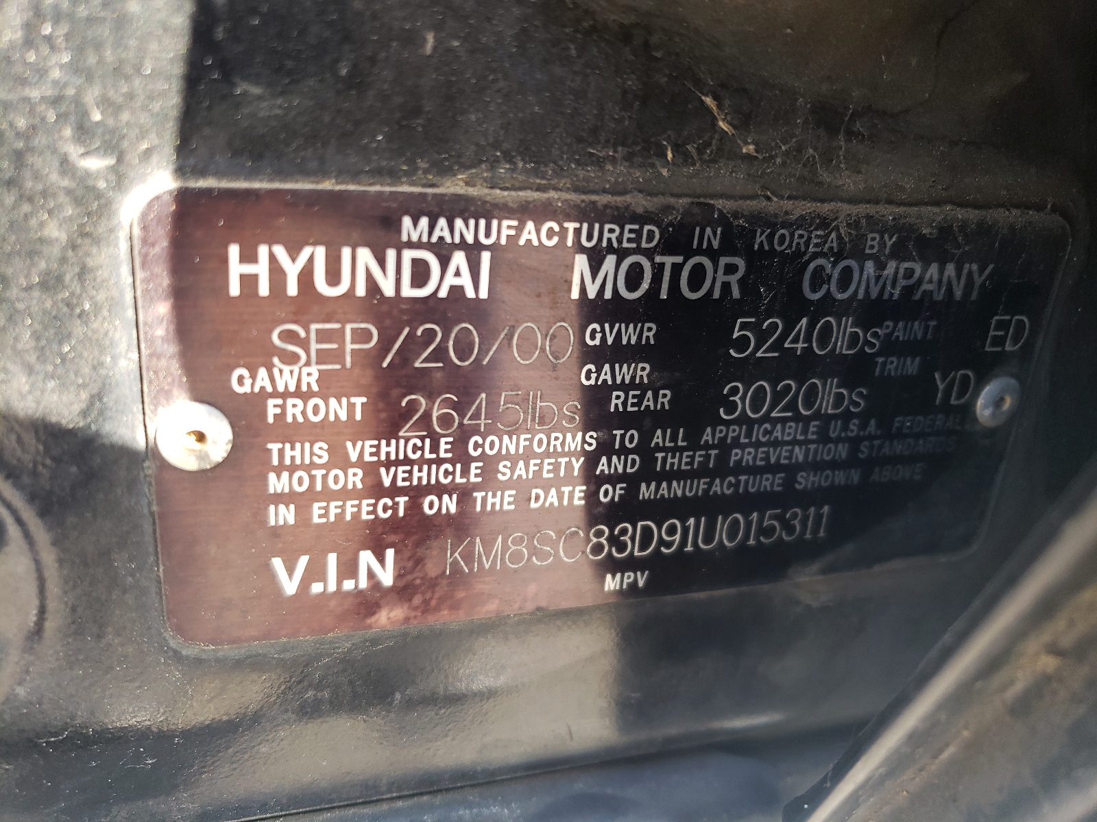 KM8SC83D91U015311 2001 Hyundai Santa Fe Gls