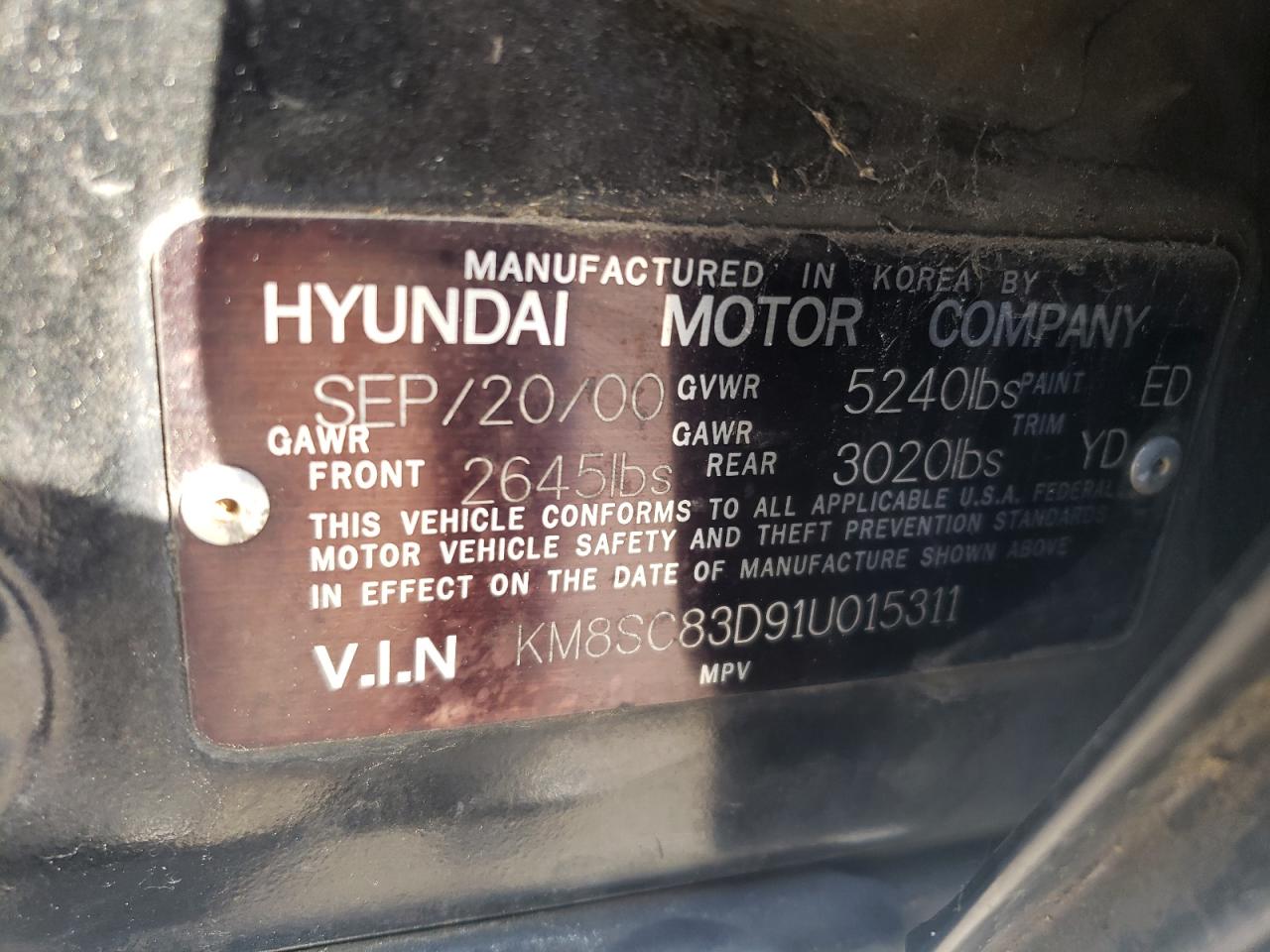 2001 Hyundai Santa Fe Gls VIN: KM8SC83D91U015311 Lot: 64890244