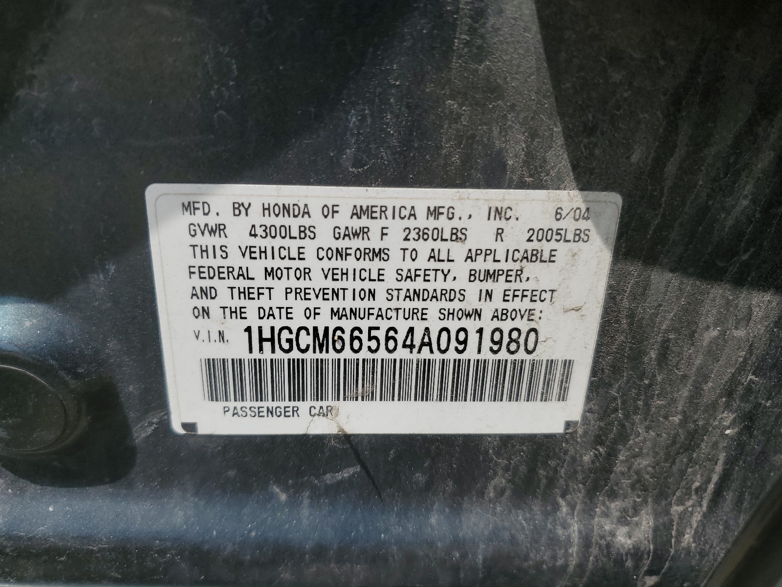 1HGCM66564A091980 2004 Honda Accord Ex
