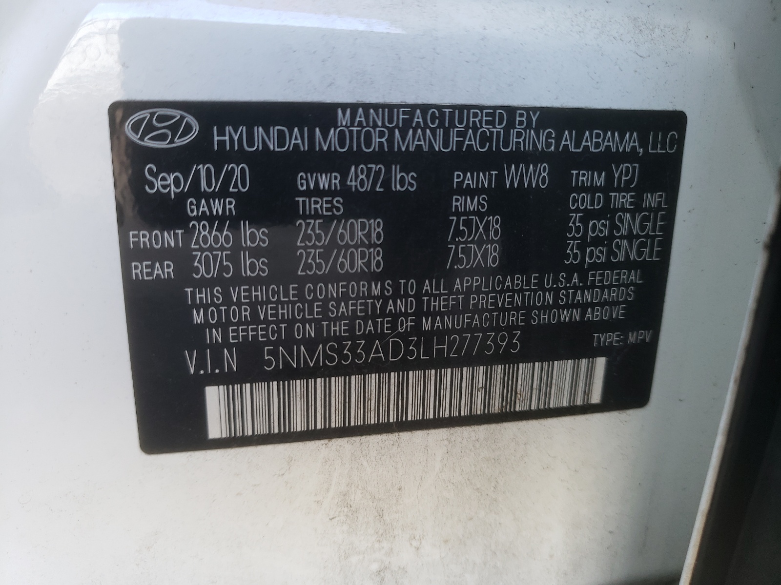 5NMS33AD3LH277393 2020 Hyundai Santa Fe Sel