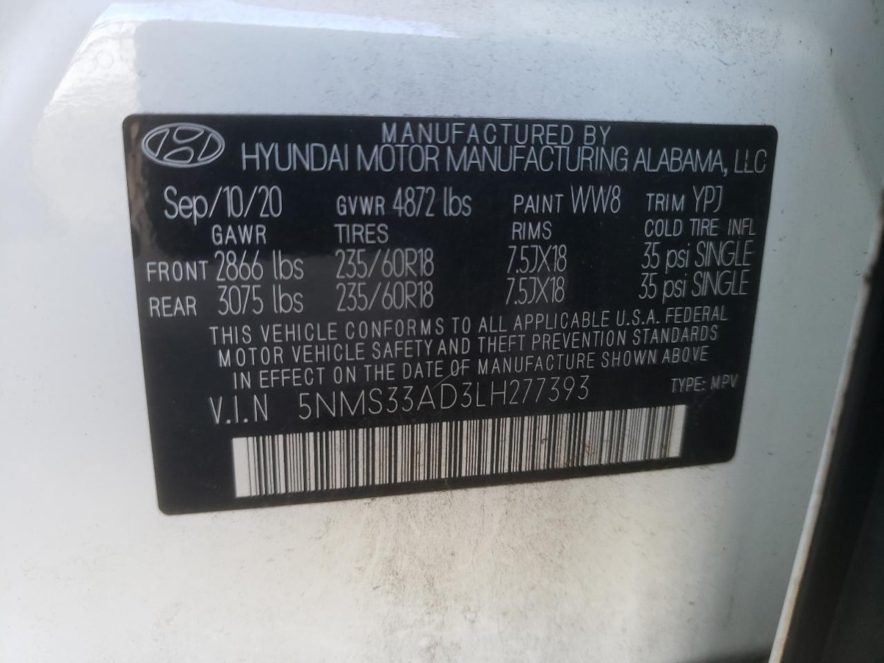 2020 Hyundai Santa Fe Sel VIN: 5NMS33AD3LH277393 Lot: 62002184