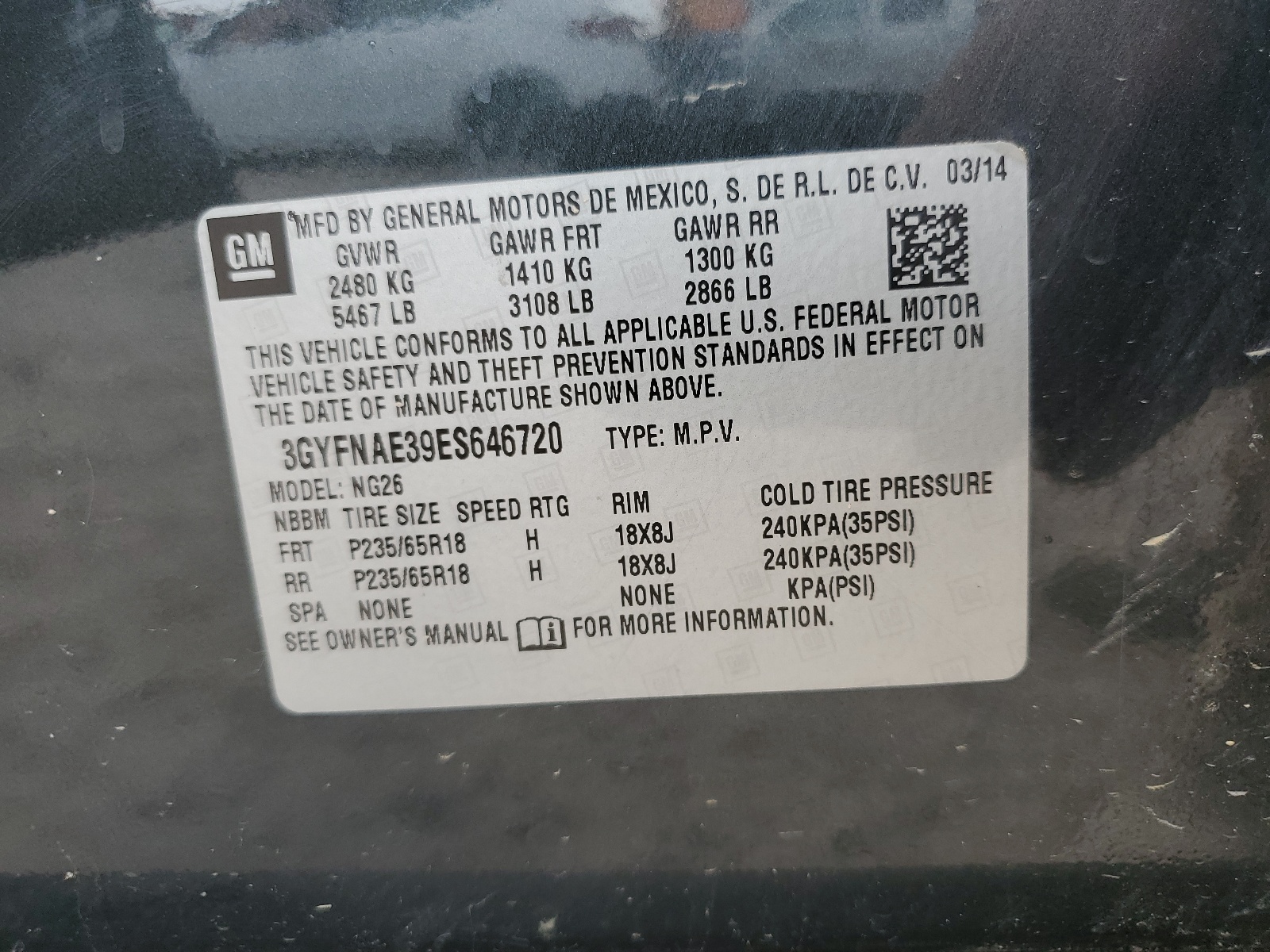 3GYFNAE39ES646720 2014 Cadillac Srx