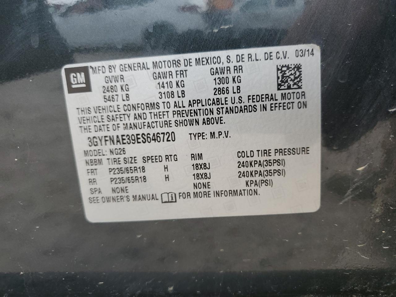 2014 Cadillac Srx VIN: 3GYFNAE39ES646720 Lot: 63506424