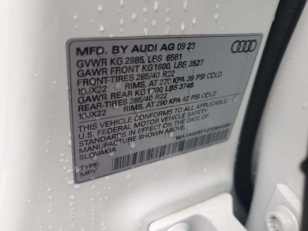 2023 Audi Sq8 Premium Plus VIN: WA1AWBF12PD048398 Lot: 60052844