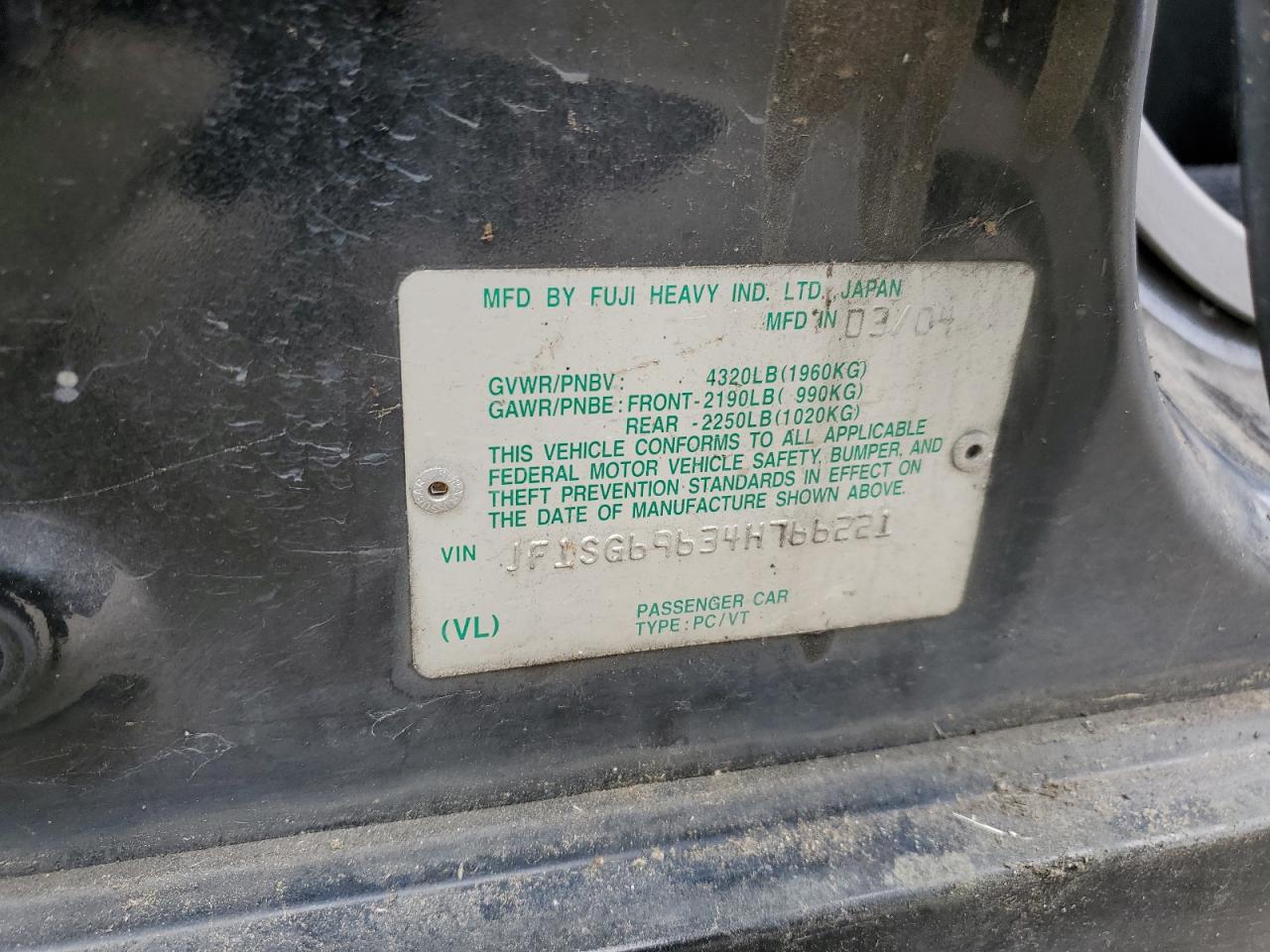 2004 Subaru Forester 2.5Xt VIN: JF1SG69634H766221 Lot: 64445534