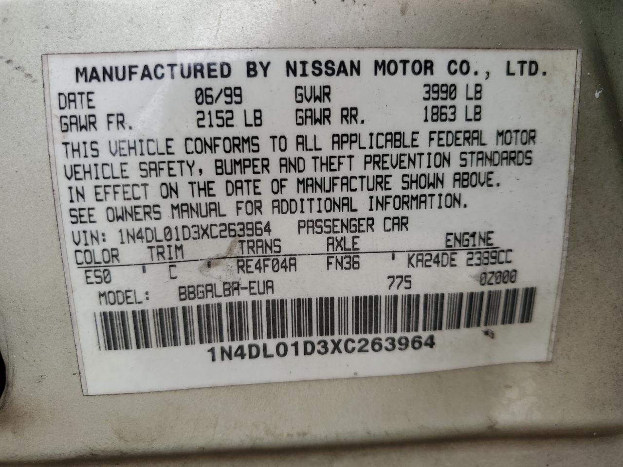 1999 Nissan Altima Xe VIN: 1N4DL01D3XC263964 Lot: 64233744