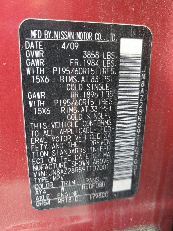 2009 Nissan Cube Base VIN: JN8AZ28R89T107001 Lot: 62107824