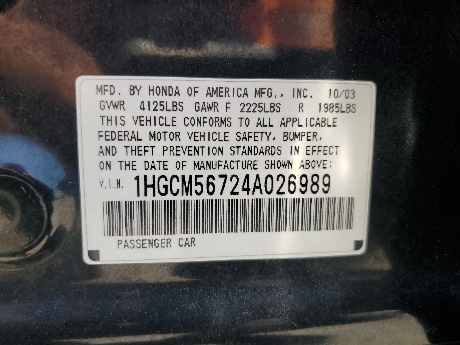 1HGCM56724A026989 2004 Honda Accord Ex