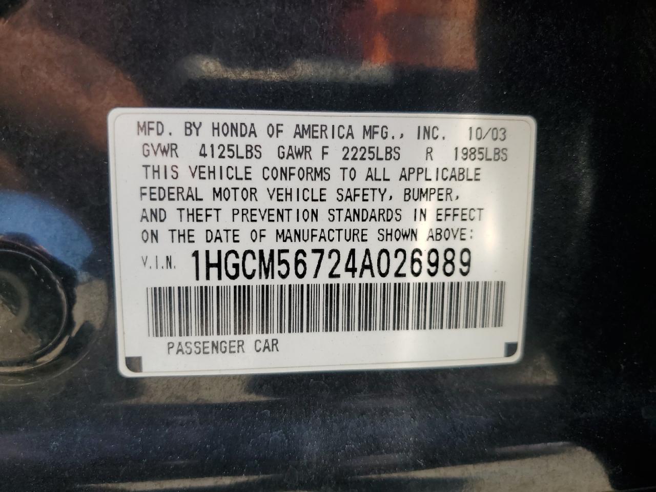 2004 Honda Accord Ex VIN: 1HGCM56724A026989 Lot: 62482134