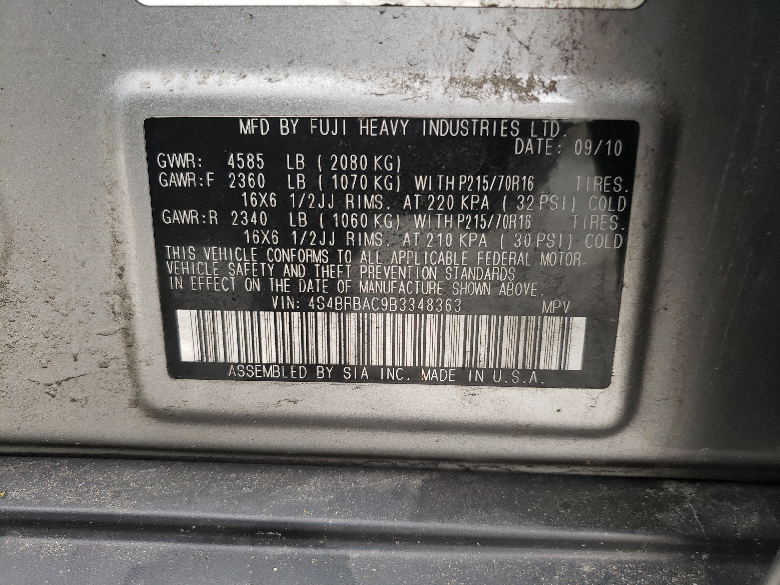 4S4BRBAC9B3348363 2011 Subaru Outback 2.5I