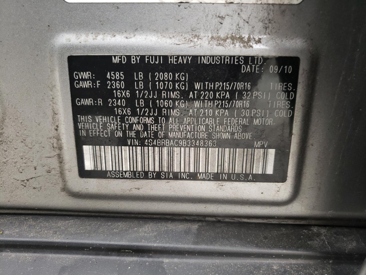 2011 Subaru Outback 2.5I VIN: 4S4BRBAC9B3348363 Lot: 64678504