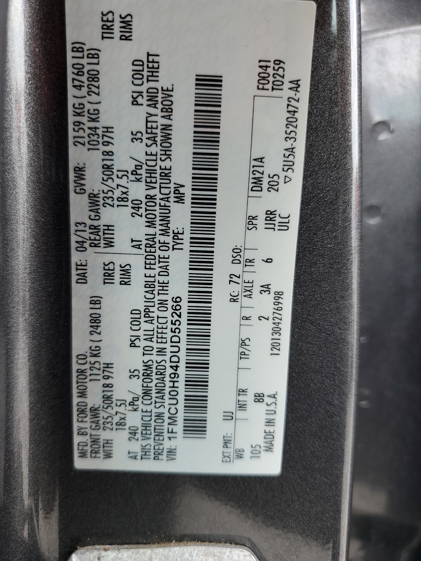 1FMCU0H94DUD55266 2013 Ford Escape Sel