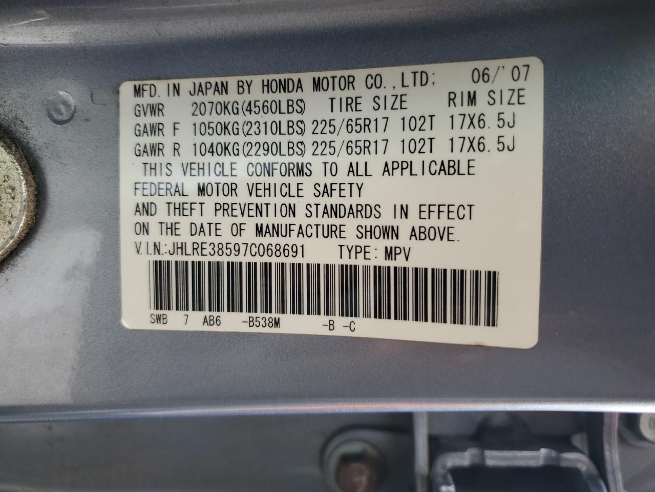 2007 Honda Cr-V Ex VIN: JHLRE38597C068691 Lot: 63012264