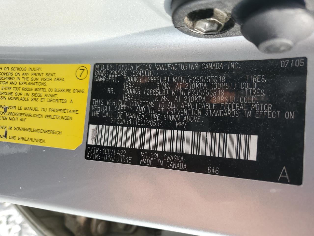 2005 Lexus Rx 330 VIN: 2T2GA31U15C038537 Lot: 64394074