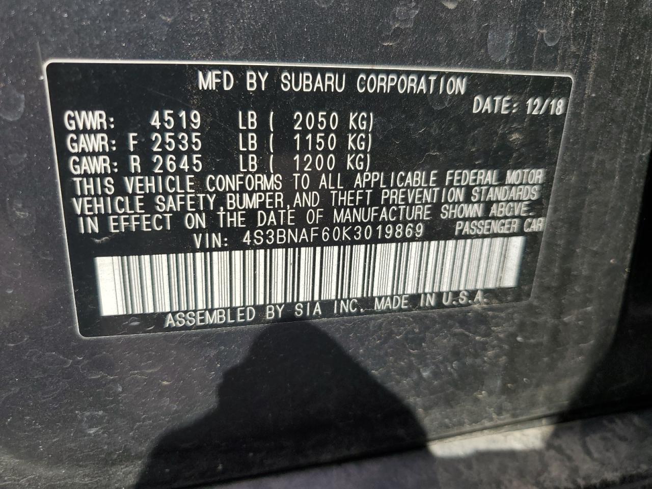 2019 Subaru Legacy 2.5I Premium VIN: 4S3BNAF60K3019869 Lot: 61040414