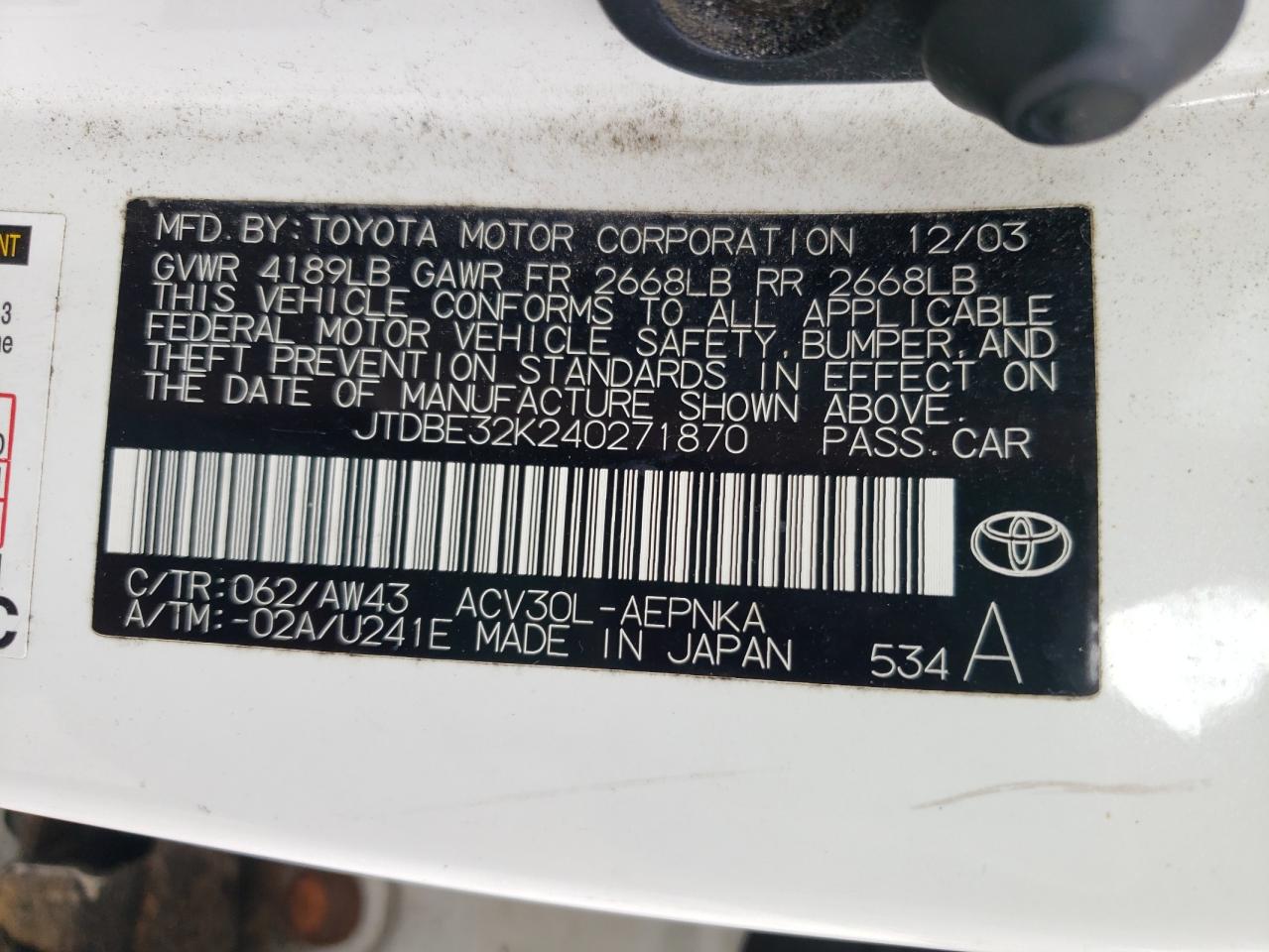 JTDBE32K240271870 2004 Toyota Camry Le