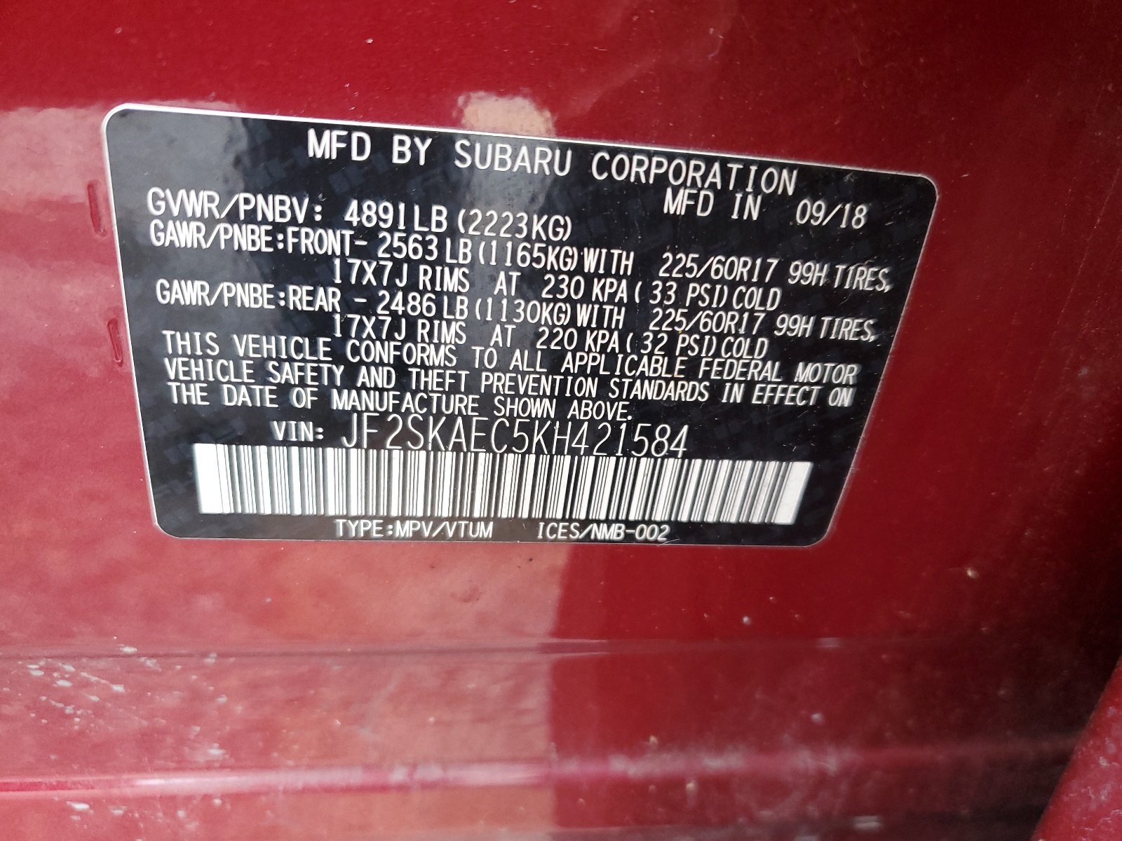 JF2SKAEC5KH421584 2019 Subaru Forester Premium