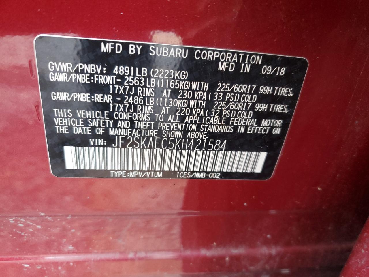 2019 Subaru Forester Premium VIN: JF2SKAEC5KH421584 Lot: 64320394