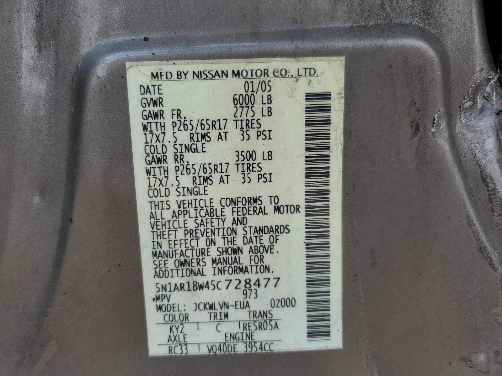 5N1AR18W45C728477 2005 Nissan Pathfinder Le