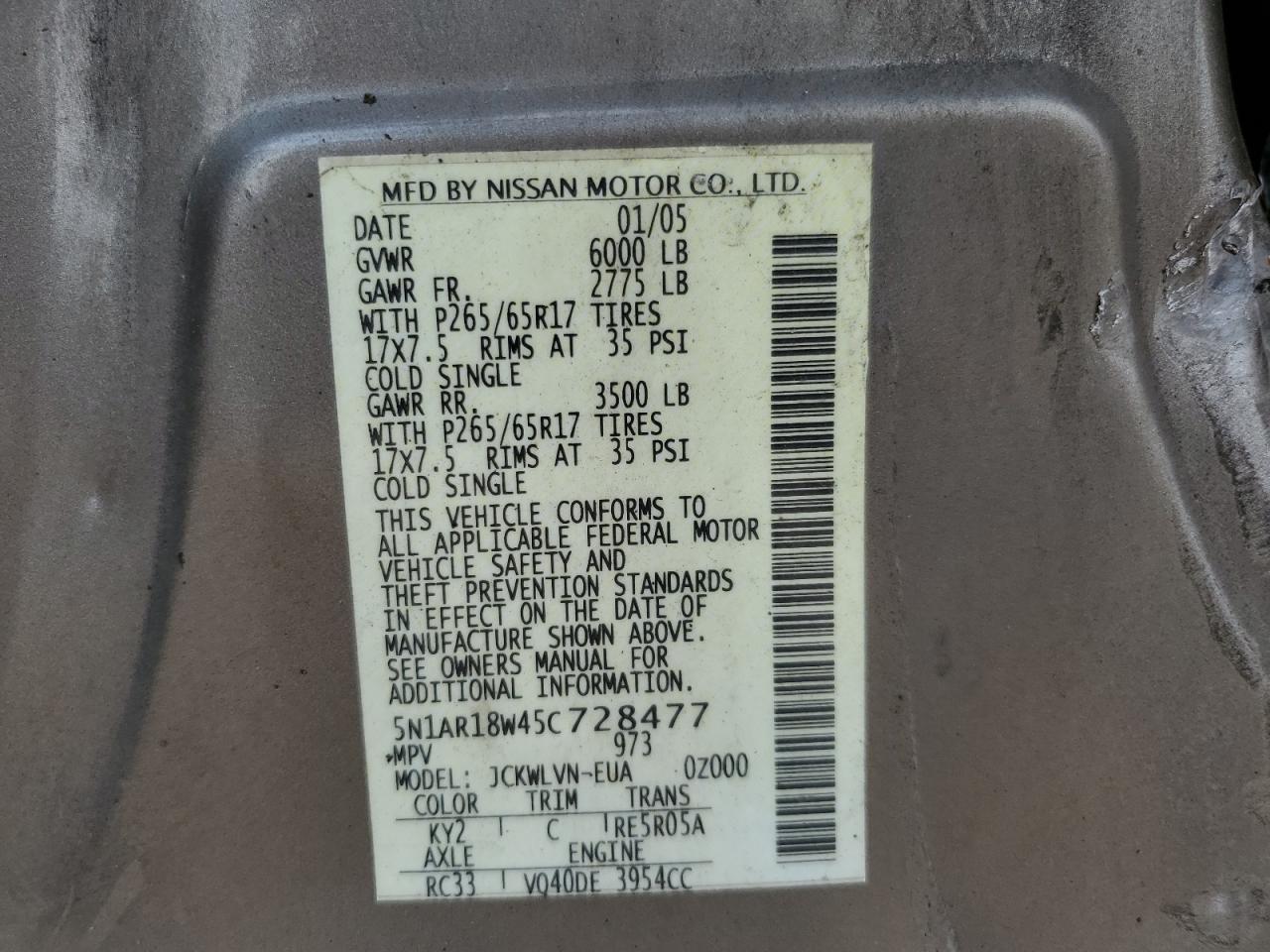 2005 Nissan Pathfinder Le VIN: 5N1AR18W45C728477 Lot: 64984844