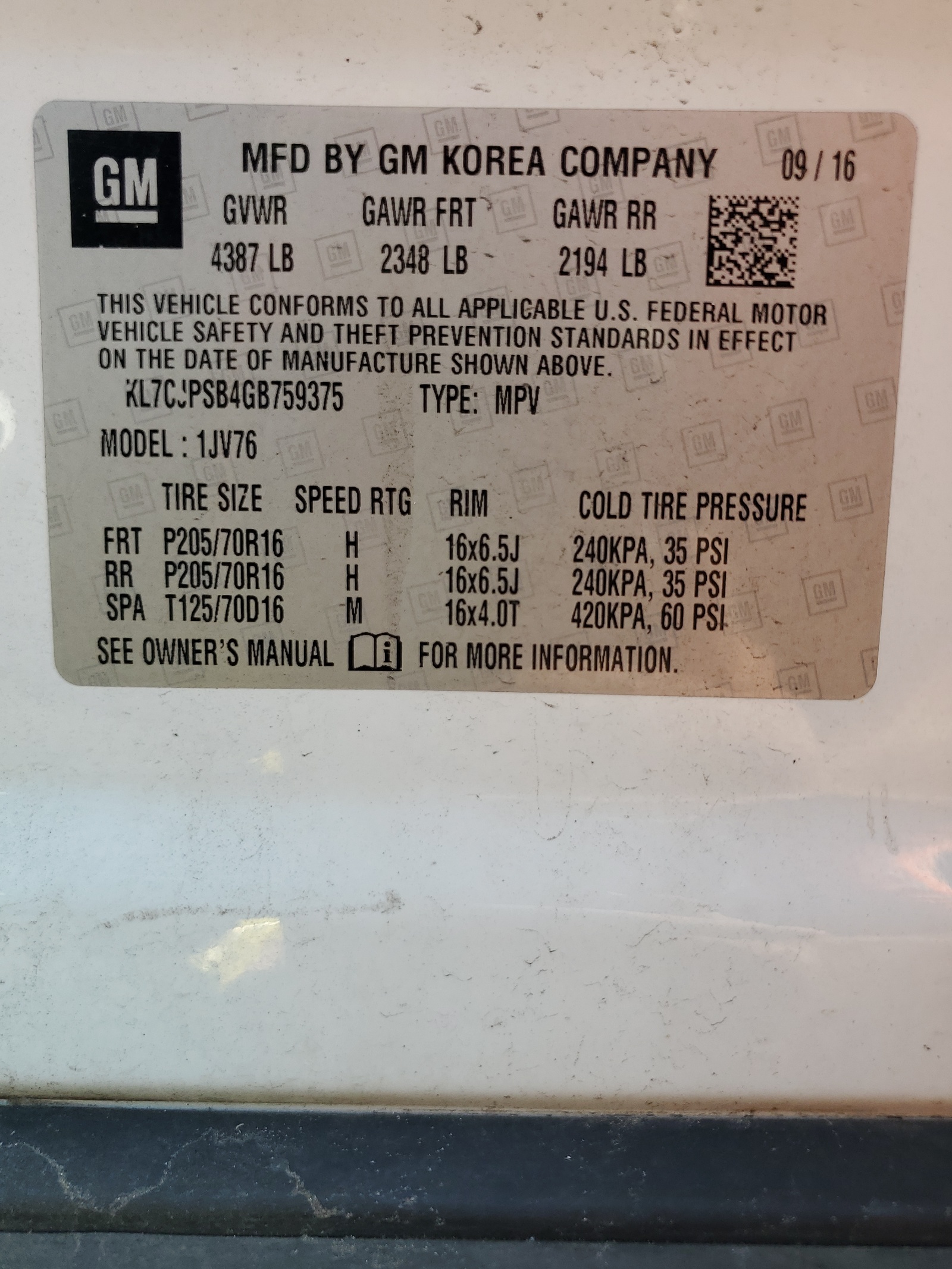 KL7CJPSB4GB759375 2016 Chevrolet Trax 1Lt