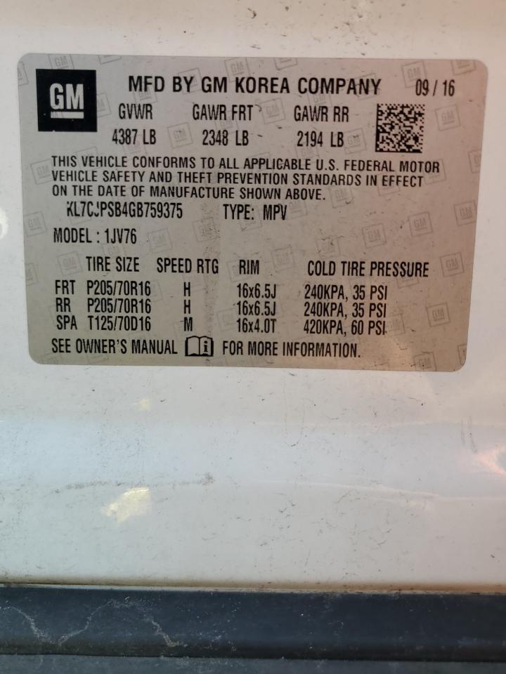 2016 Chevrolet Trax 1Lt VIN: KL7CJPSB4GB759375 Lot: 61981734